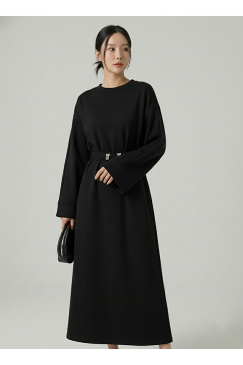 Bel Bağlamalı Elbise-Siyah