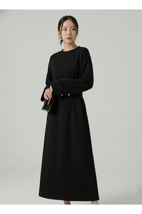 Bel Bağlamalı Elbise-Siyah