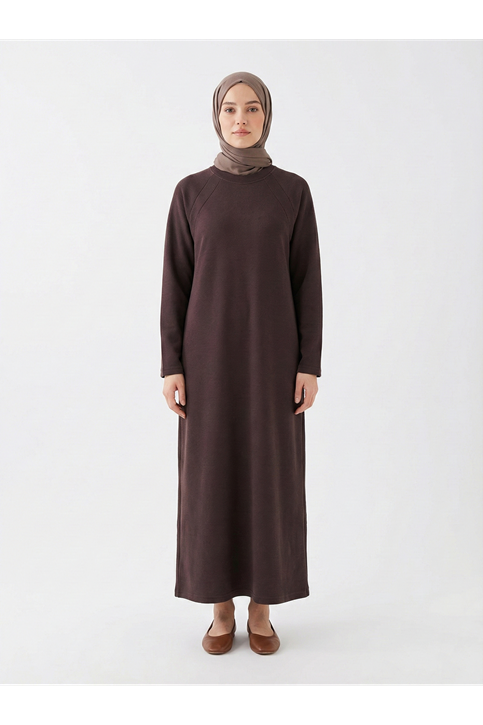 Ön Contalı Reglan Kol Elbise-Kahve