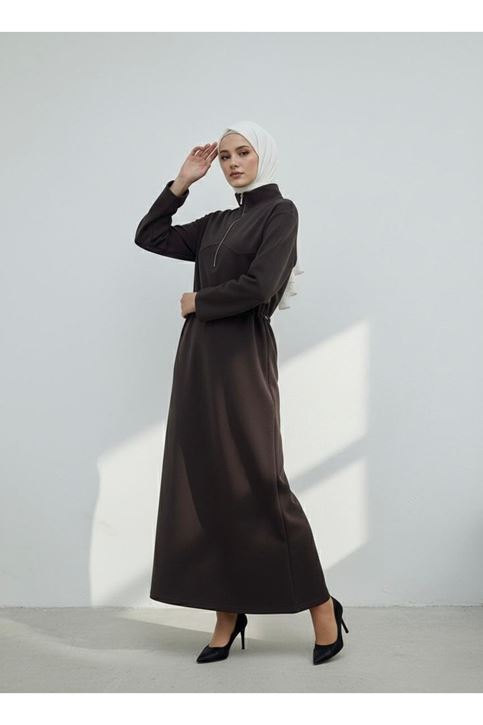 Beli Stoper Tünelli Elbise-Kahve