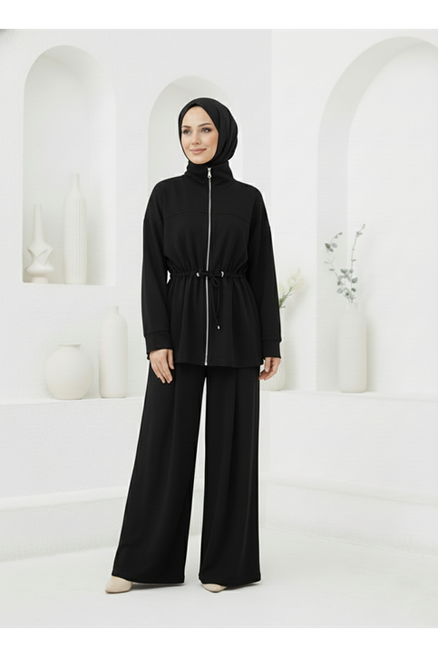 Beli Tünelli Pantolonlu Takım-Siyah