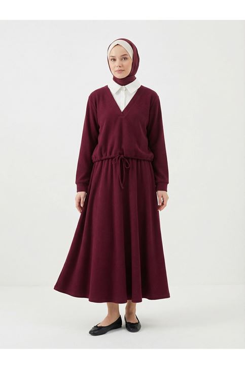 Beyaz Yaka Detaylı Örme Triko Takım-Bordo