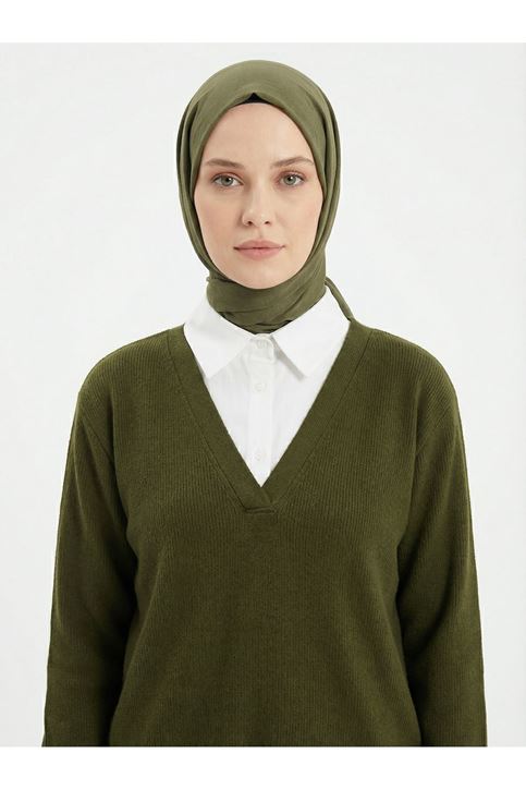 Beyaz Yaka Detaylı Örme Triko Takım-Haki