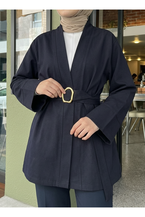 Geniş Manşet Kuşak Detay Ceket-Lacivert