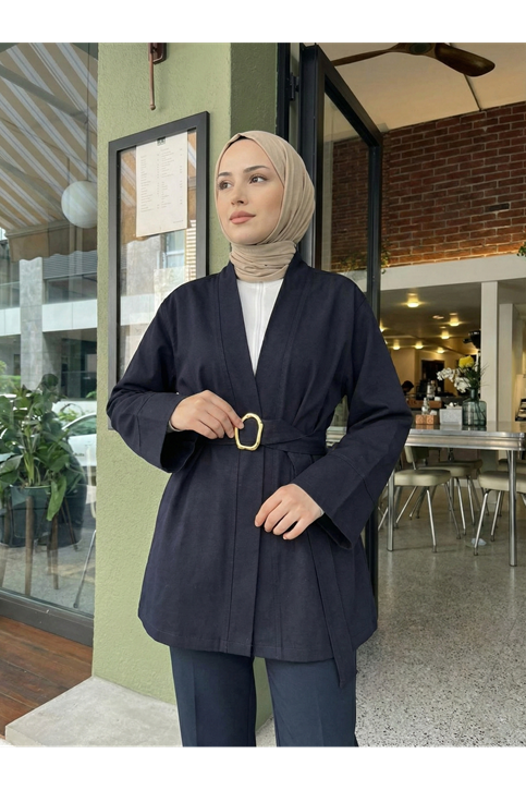 Geniş Manşet Kuşak Detay Ceket-Lacivert