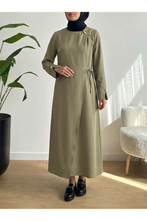 Omuz Ve Manşet Detaylı Elbise-Açık Haki