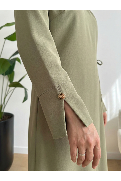 Omuz Ve Manşet Detaylı Elbise-Açık Haki