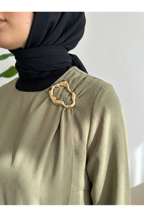 Omuz Ve Manşet Detaylı Elbise-Açık Haki