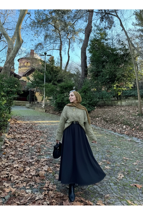 Cepli Bel Lastikli Etek-Siyah