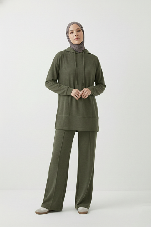 Kapşonlu Ön Parçalı Pantolonlu Takım-Haki