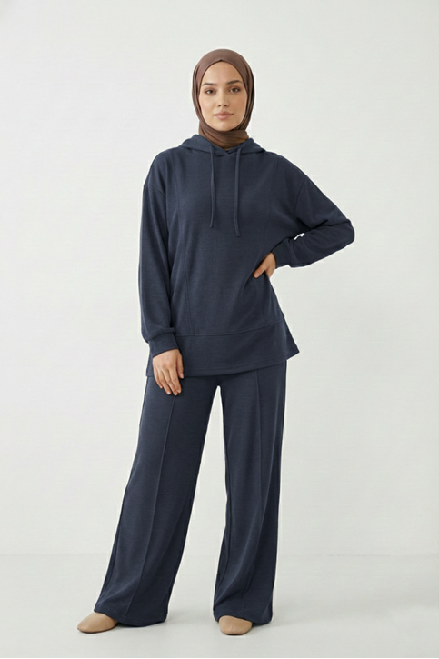 Kapşonlu Ön Parçalı Pantolonlu Takım-Lacivert