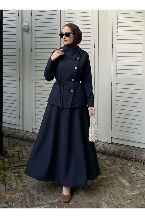 Çapraz Düğmeli Etekli Takım-Lacivert