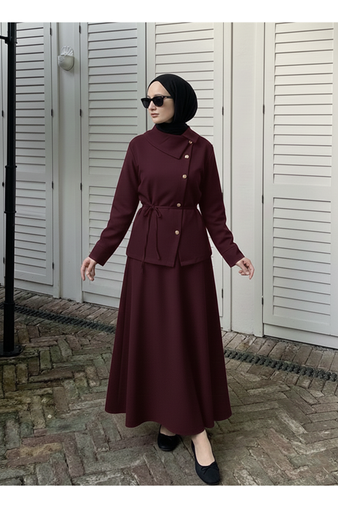 Çapraz Düğmeli Etekli Takım-Bordo