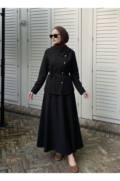Çapraz Düğmeli Etekli Takım-Siyah