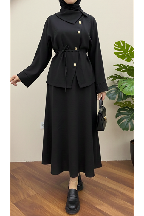 Çapraz Düğmeli Etekli Takım-Siyah