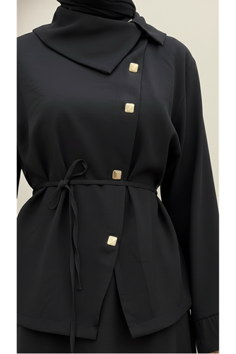 Çapraz Düğmeli Etekli Takım-Siyah