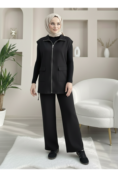 Fermuarlı Cep Detay Yelekli Takım-Siyah