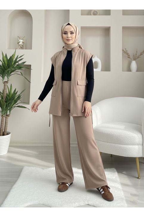 Fermuarlı Cep Detay Yelekli Takım-Vizon