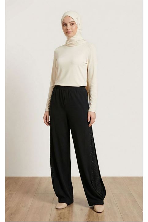 Yan Taş Detay Pantolon-Siyah