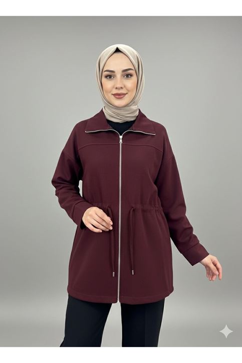 Bel Tünelli Fermuar Detay Ceket-Bordo