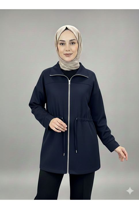 Bel Tünelli Fermuar Detay Ceket-Lacivert
