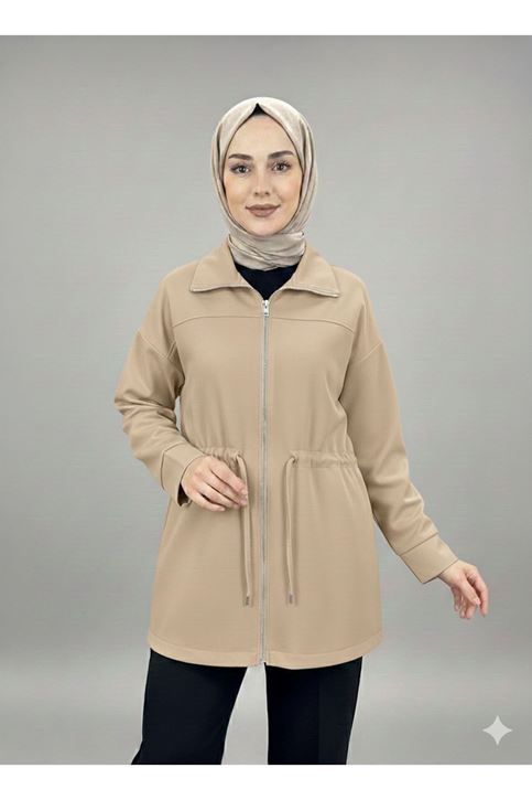 Bel Tünelli Fermuar Detay Ceket-Karamel