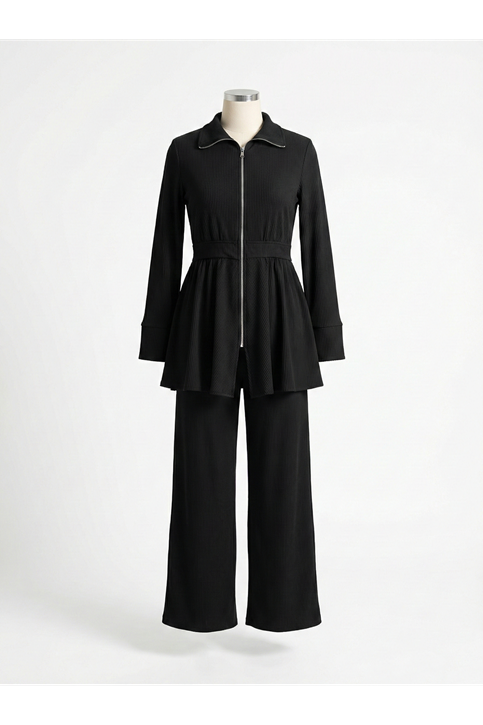 Fermuarlı Bel Hareket Detay Takım-Siyah