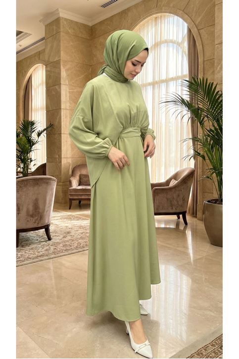 Bağlamalı İkili Elbise-YAĞ YEŞİLİ