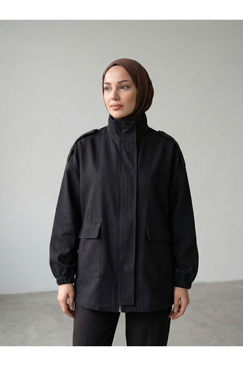 Apoletli Cep Kapaklı Ceket-Siyah