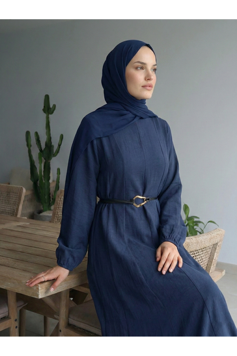 Parçalı Toka Detay Elbise-Lacivert