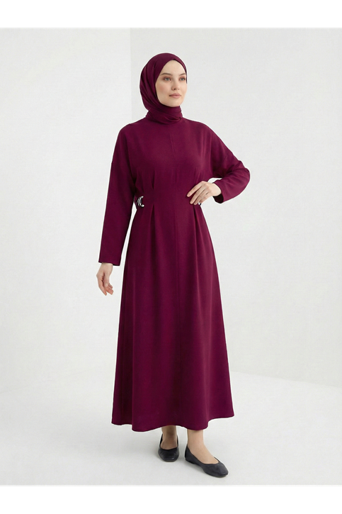 Kuşak Aksesuarlı Elbise-Bordo