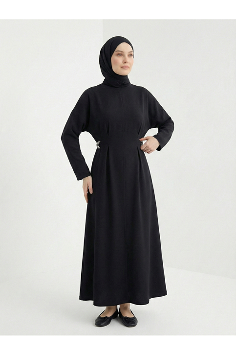 Kuşak Aksesuarlı Elbise-Siyah