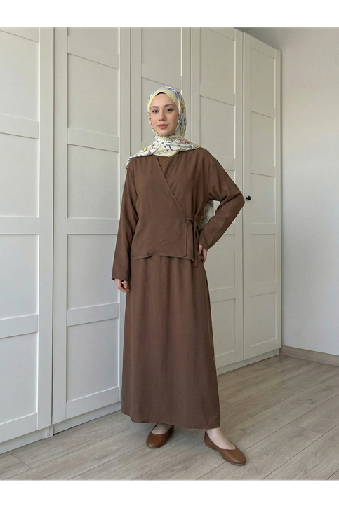 Yan Bağlamalı İkili Elbise-Kahve