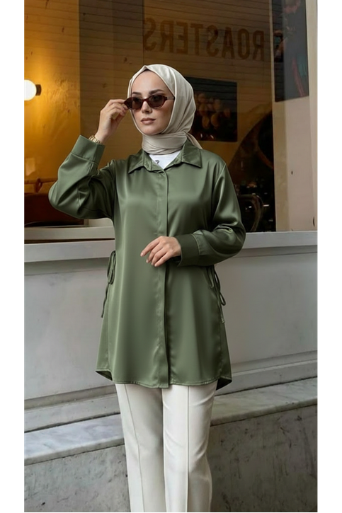 Yan Bağlamalı Saten Tunik-Haki