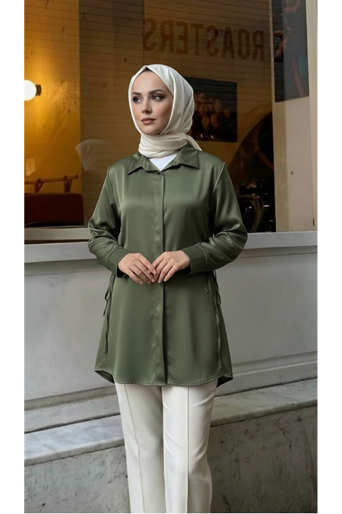 Yan Bağlamalı Saten Tunik-Haki