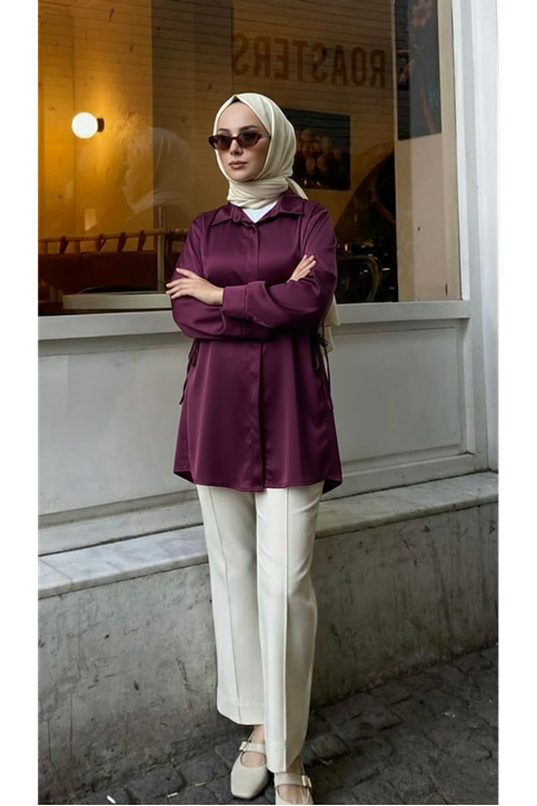 Yan Bağlamalı Saten Tunik-Mürdüm