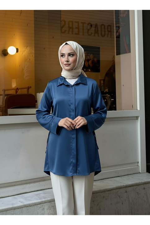 Yan Bağlamalı Saten Tunik-Petrol Mavisi