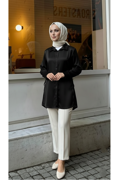 Yan Bağlamalı Saten Tunik-Siyah