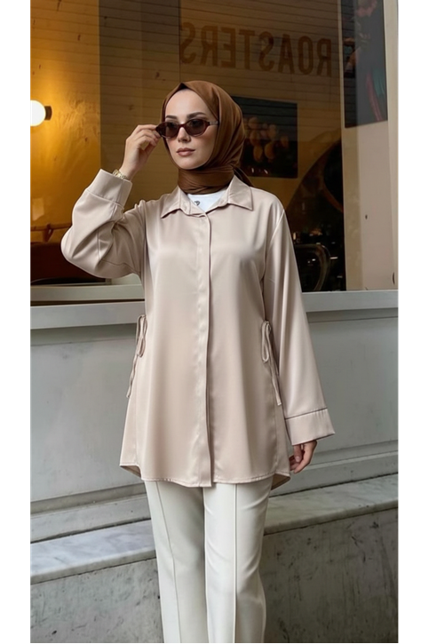 Yan Bağlamalı Saten Tunik-Taş