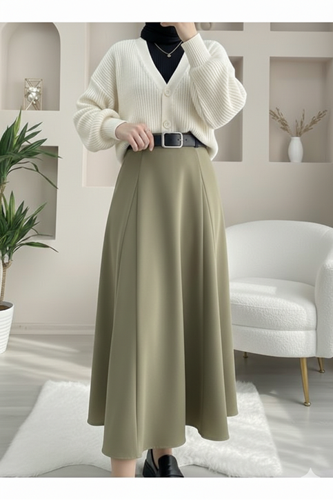 Kelebek Detaylı Dabıl Etek-Açık Haki