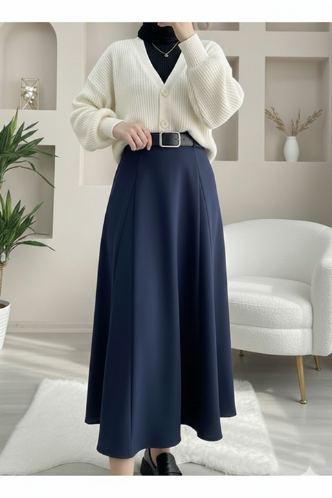 Kelebek Detaylı Dabıl Etek-Lacivert