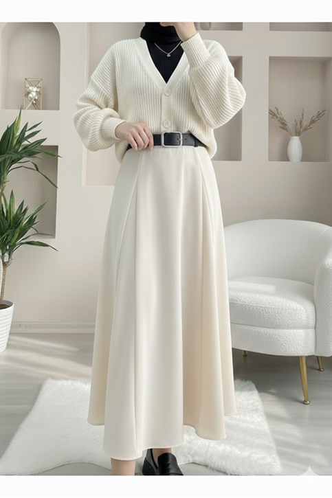 Kelebek Detaylı Dabıl Etek-Krem