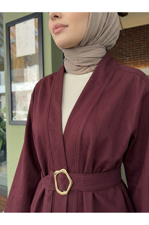 Geniş Manşet Kuşak Detay Ceket-Bordo