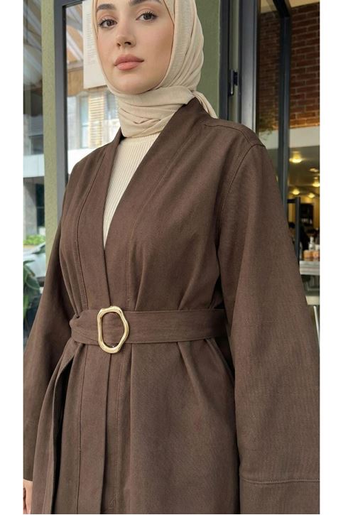 Geniş Manşet Kuşak Detay Ceket-Kahve