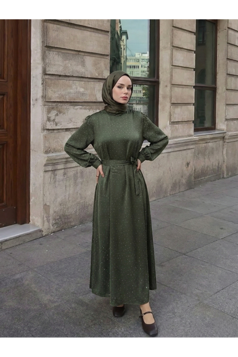 Saten Taşlı Elbise-Haki