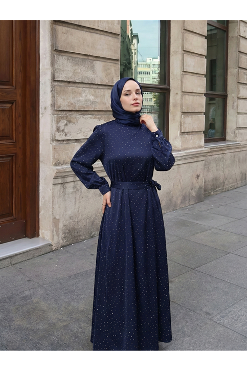 Saten Taşlı Elbise-Lacivert