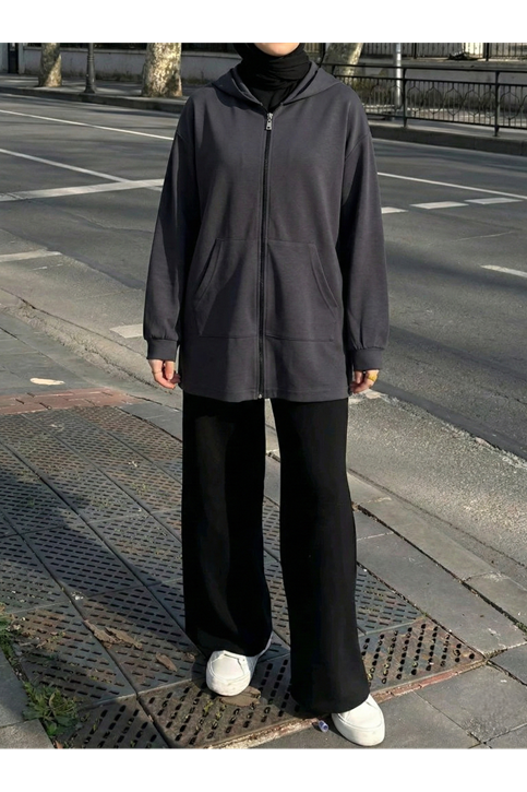 Kapşonlu Fermuar Detay Hırka-Antrasit