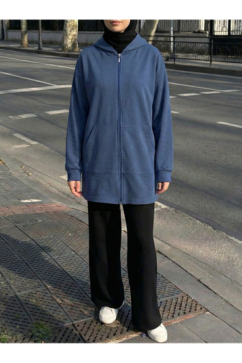 Kapşonlu Fermuar Detay Hırka-İndigo