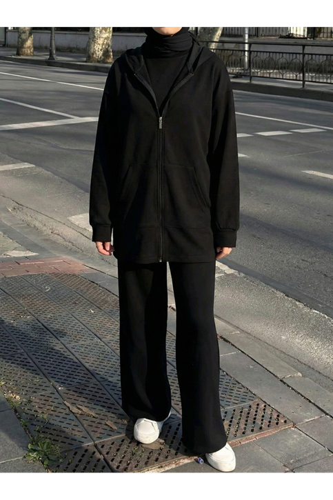 Kapşonlu Fermuar Detay Hırka-Siyah