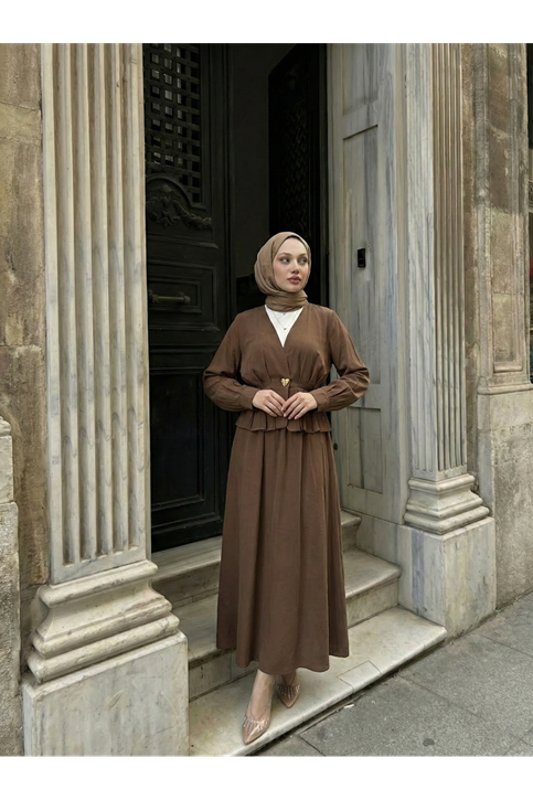 Ceket Düğme Detay Etekli Takım-Kahve